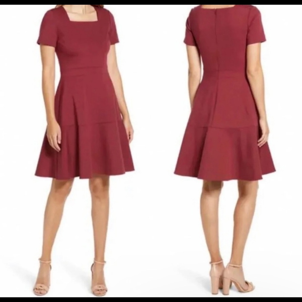 Rachel Parcell Square Neck Fit & Flare Dress, color is wine/burgundy, size L new